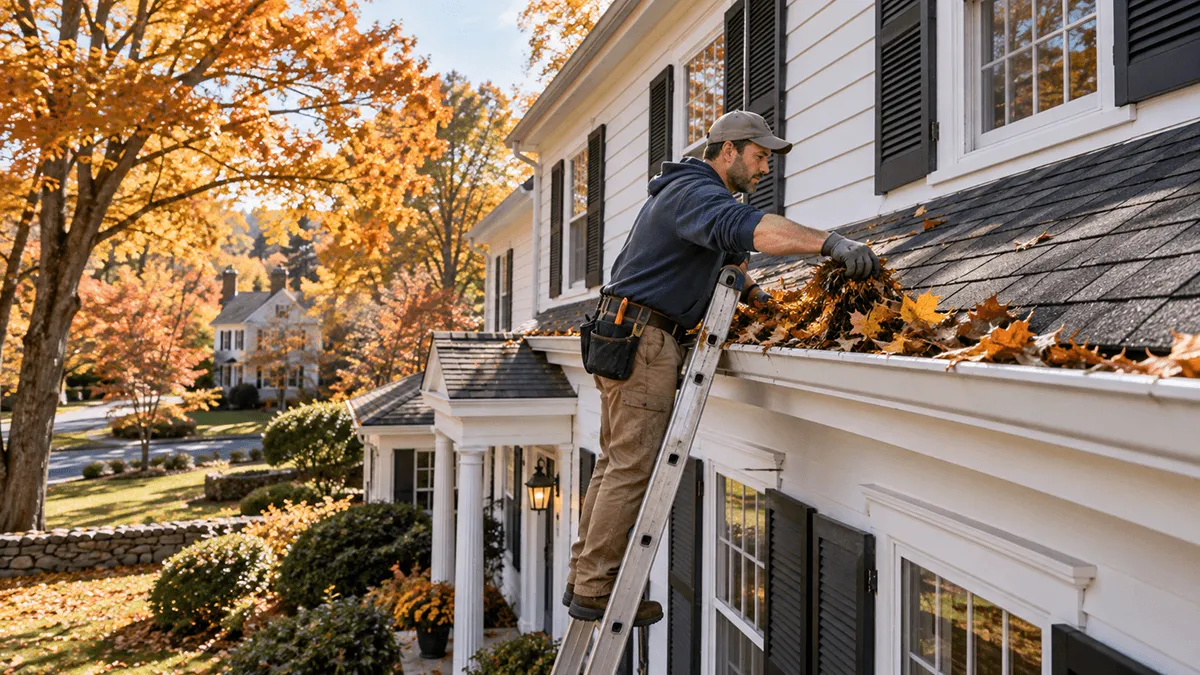 Technician performing gutter cleaning in Andover on a colonial-style home roofline