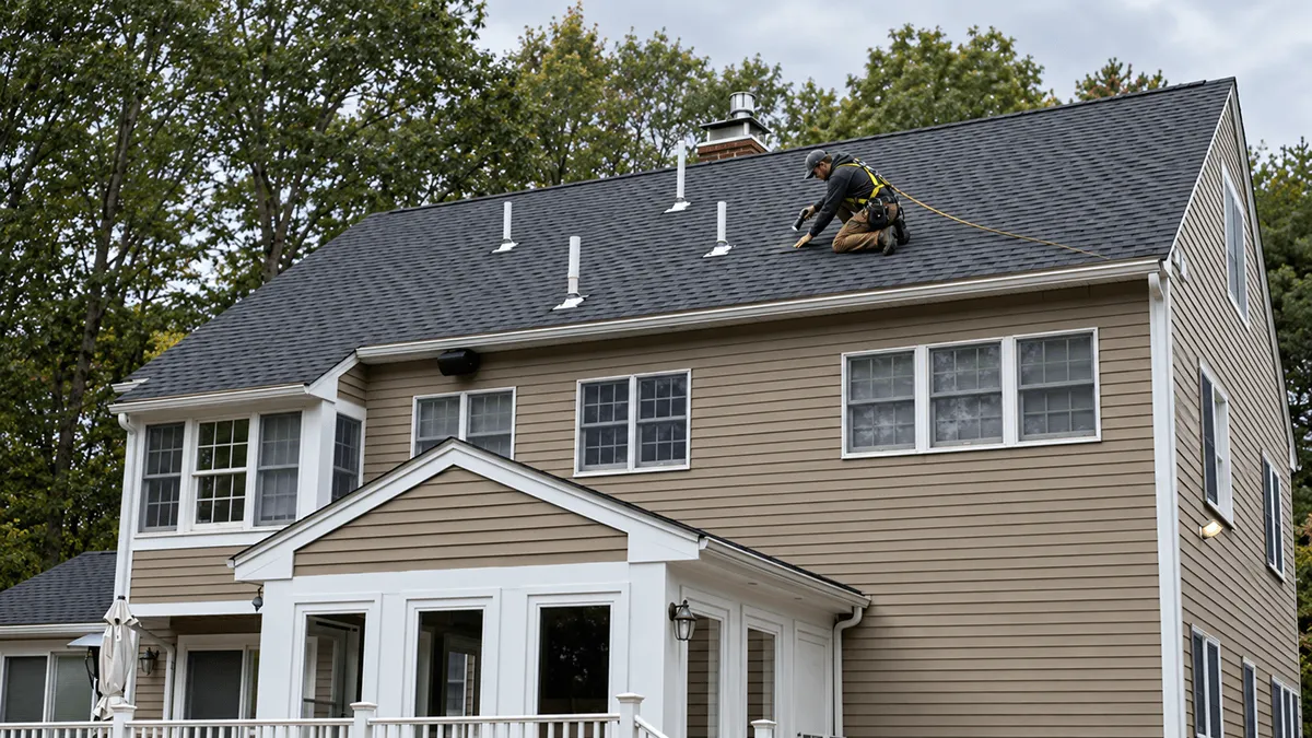 Roofer performing a roof inspection in Concord on a historic-style shingle roof